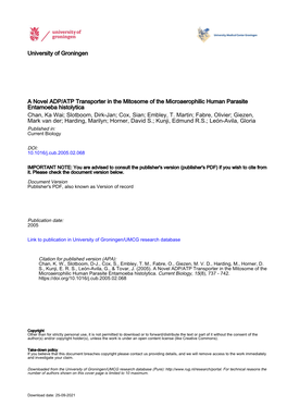 University of Groningen a Novel ADP/ATP Transporter in The