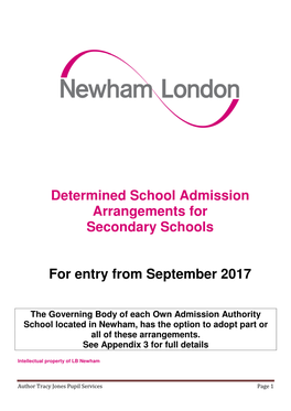 Determined School Admission Arrangements for Secondary Schools for Entry from September 2017