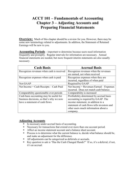 ACCT 101 – Fundamentals of Accounting Chapter 3 – Adjusting Accounts and Preparing Financial Statements