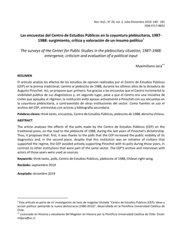 Las Encuestas Del Centro De Estudios Públicos En La Coyuntura Plebiscitaria, 1987- 1988: Surgimiento, Crítica Y Valoración De Un Insumo Político*