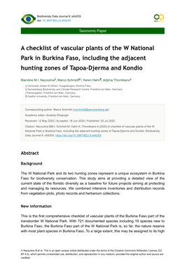 A Checklist of Vascular Plants of the W National Park in Burkina Faso, Including the Adjacent Hunting Zones of Tapoa-Djerma and Kondio