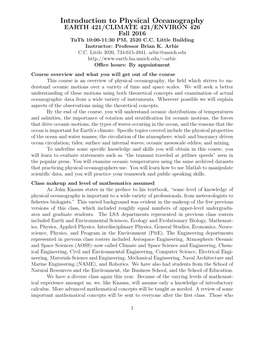 Introduction to Physical Oceanography EARTH 421/CLIMATE 421/ENVIRON 426 Fall 2016 Tuth 10:00-11:30 PM, 2520 C.C