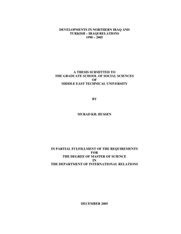 Developments in Northern Iraq and Turkish – Iraqi Relations 1990 – 2005