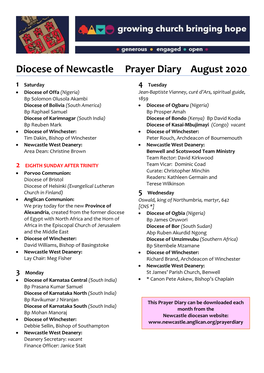 Diocese of Newcastle Prayer Diary August 2020