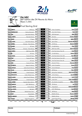 Final Starting Grid 86º Edition Des 24 Heures Du Mans FIA