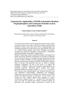 Exploring the Applicability of PGPR to Remediate Residual Organophosphate and Carbamate Pesticides Used in Agriculture Fields