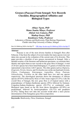 Grasses (Poaceae) from Senegal: New Records Checklist, Biogeographical Affinities and Biological Types