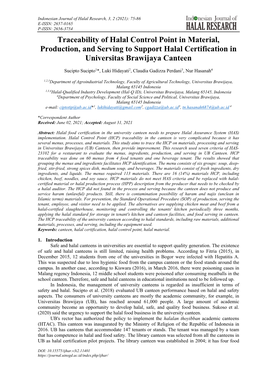 Traceability of Halal Control Point in Material, Production, and Serving to Support Halal Certification in Universitas Brawijaya Canteen