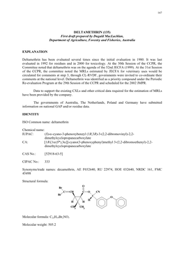 DELTAMETHRIN (135) First Draft Prepared by Dugald Maclachlan, Department of Agriculture, Forestry and Fisheries, Australia