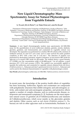 New Liquid Chromatography: Mass Spectrometry Assay for Natural Phytoestrogens from Vegetable Extracts