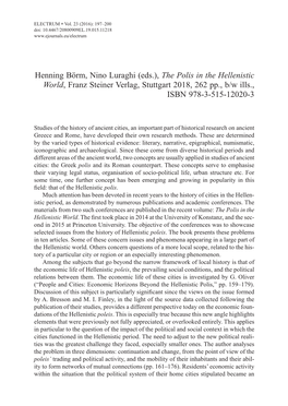 Henning Bör M, Nino Luraghi (Eds.), the Polis in the Hellenistic World