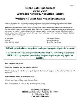 Great Oak High School 2013-2014 Wolfpack Athletic/Activities Packet