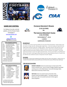 GAME DAY CENTRAL CHOWAN UNIVERSITY HAWKS (1-8, 0-6 CIAA) for Webcast, Live Stats, and Text Updates, Visit the Chowan Hawks VS