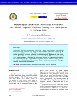 Morphological Variations in Sinomicrurus Macclellandi Macclellandi (Serpentes: Elapidae), the Only Coral Snake Species in Northeast India