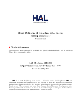 Henri Dutilleux Et Les Autres Arts, Quelles Correspondances ? Coralie Finiel