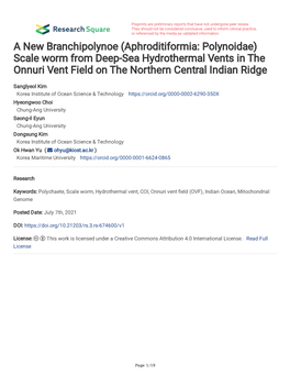 A New Branchipolynoe (Aphroditiformia: Polynoidae) Scale Worm from Deep-Sea Hydrothermal Vents in the Onnuri Vent Field on the Northern Central Indian Ridge