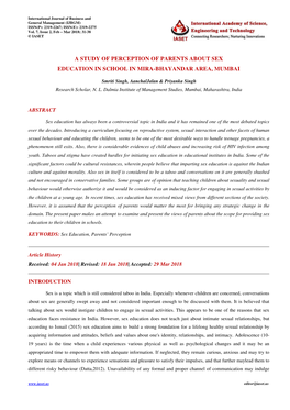 A Study of Perception of Parents About Sex Education in School in Mira-Bhayandar Area, Mumbai