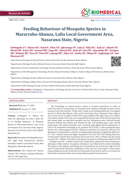 Feeding Behaviour of Mosquito Species in Mararraba-Akunza, Lafia Local Government Area, Nasarawa State, Nigeria