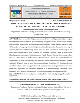 Cyperus Rotundus in the Management of Metabolic Syndrome