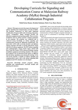 Developing Curricula for Signaling and Communication Course at Malaysian Railway Academy (Myra) Through Industrial Collaboration Program