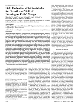 Field Evaluation of 64 Rootstocks for Growth and Yield of 'Kensington