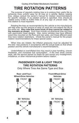 TIRE ROTATION PATTERNS the Purpose of Regularly Rotating Tires Is to Prolong Their Useful Life by Achieving More Uniform Wear for All Tires on a Vehicle