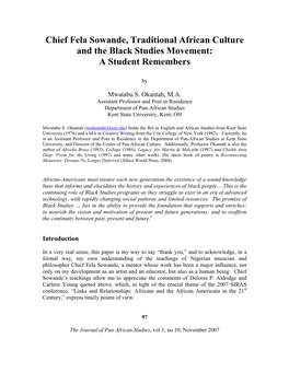 Chief Fela Sowande, Traditional African Culture and the Black Studies Movement: a Student Remembers