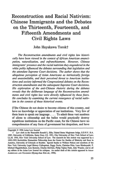 Reconstruction and Racial Nativism: Chinese Immigrants and the Debates on the Thirteenth, Fourteenth, and Fifteenth Amendments and Civil Rights Laws