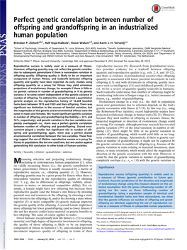 Perfect Genetic Correlation Between Number of Offspring and Grandoffspring in an Industrialized Human Population