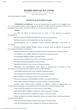 DIÁRIO OFICIAL DA UNIÃO Publicado Em: 21/02/2020 | Edição: 37 | Seção: 1 | Página: 28 Órgão: Atos Do Poder Executivo ADVOCACIA-GERAL DA UNIÃO