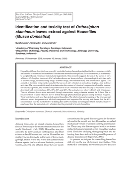 Identification and Toxicity Test of Orthosiphon Stamineus Leaves Extract Against Houseflies (Musca Domestica)