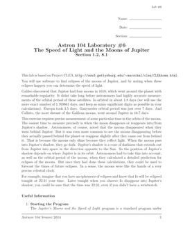 Astron 104 Laboratory #6 the Speed of Light and the Moons of Jupiter Section 1.2, 8.1