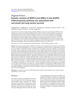 Original Article Genetic Variants of BIRC3 and NRG1 in the NLRP3 Inflammasome Pathway Are Associated with Non-Small Cell Lung Cancer Survival