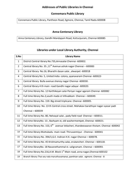 Addresses of Public Libraries in Chennai Connemara Public Library Anna Centenary Library Libraries Under Local Library Authority