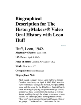 Biographical Description for the Historymakers® Video Oral History with Leon Huff