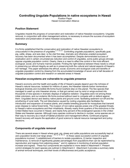 Controlling Ungulate Populations in Native Ecosystems in Hawaii Position Paper Hawaii Conservation Alliance