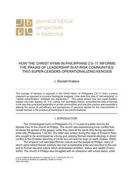 How the Christ Hymn in Philippians 2:5–11 Informs the Praxis of Leadership in At-Risk Communities: Two Super-Leaders Operationalizing Kenosis