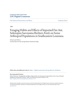 Foraging Habits and Effects of Imported Fire Ant, Solenopsis Saevissima Richteri, Forel, on Some Arthropod Populations in Southeastern Louisiana