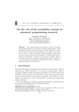 On the Role of the Reusability Concept in Automatic Programming Research Ladislav Samuelis Dept