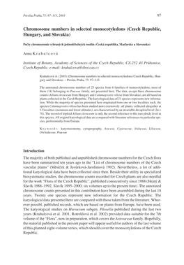 Chromosome Numbers in Selected Monocotyledons (Czech Republic, Hungary, and Slovakia)