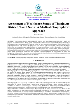 Assessment of Healthcare Status of Thanjavur District, Tamil Nadu: a Medical Geographical Approach