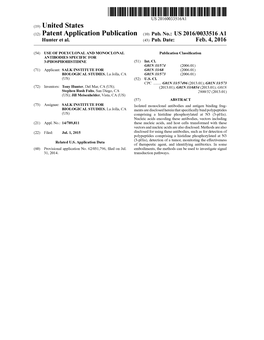 (12) Patent Application Publication (10) Pub. No.: US 2016/0033516 A1 Hunter Et Al