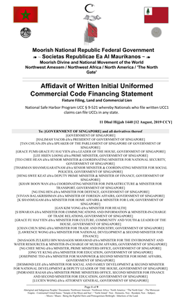 Affidavit of Written Initial Uniformed Commercial Code Financing Statement Fixture Filing, Land and Commercial Lien