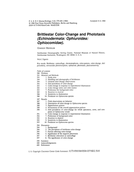 Brittlestar Color-Change and Phototaxis (Echinodermata: Ophiwoidea: Ophiocomidae)