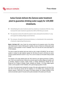 Isolux Corsán Delivers the Zamora Water Treatment Plant to Guarantee Drinking-Water Supply for 129,000 Inhabitants