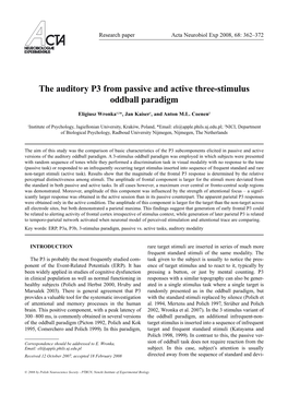The Auditory P3 from Passive and Active Three-Stimulus Oddball Paradigm