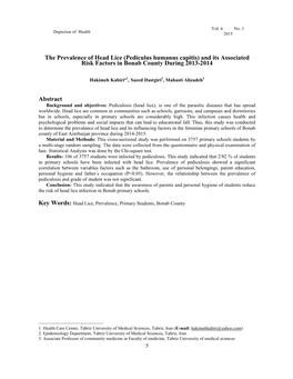 The Prevalence of Head Lice (Pediculus Humanus Capitis) and Its Associated Risk Factors in Bonab County During 2013-2014