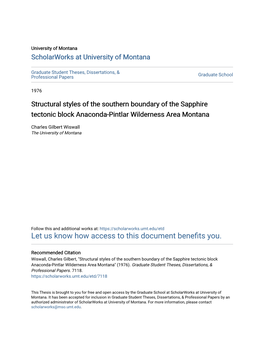 Structural Styles of the Southern Boundary of the Sapphire Tectonic Block Anaconda-Pintlar Wilderness Area Montana