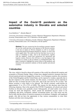 Impact of the Covid-19 Pandemic on the Automotive Industry in Slovakia and Selected Countries