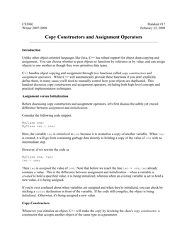 Copy Constructors and Assignment Operators ______